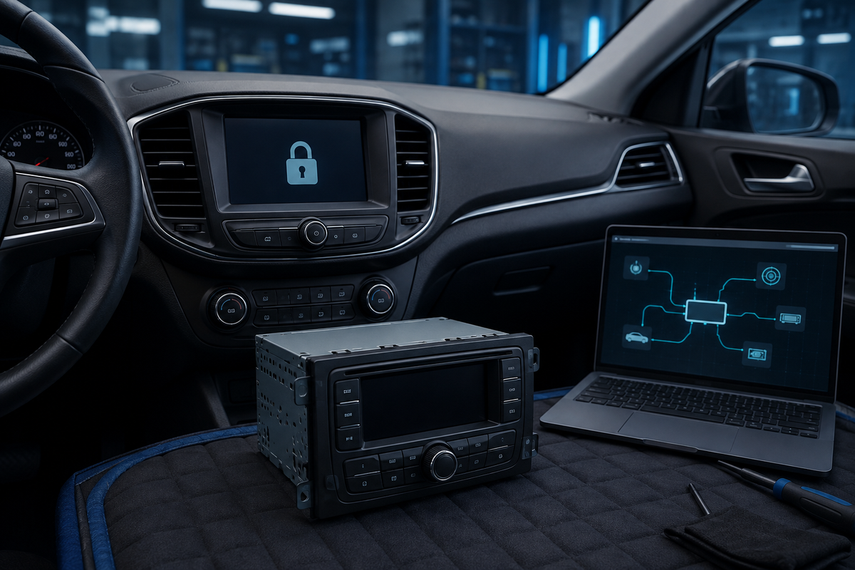 Ilustración de un radio de reemplazo y una pantalla con símbolo de bloqueo en el interior de un vehículo.