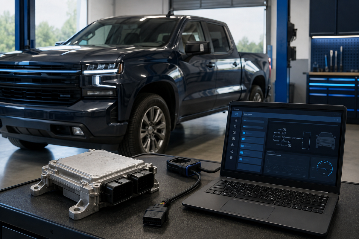 Ilustración de una pickup y un módulo electrónico en un taller para el diagnóstico del sistema 4x4 y TCCM.