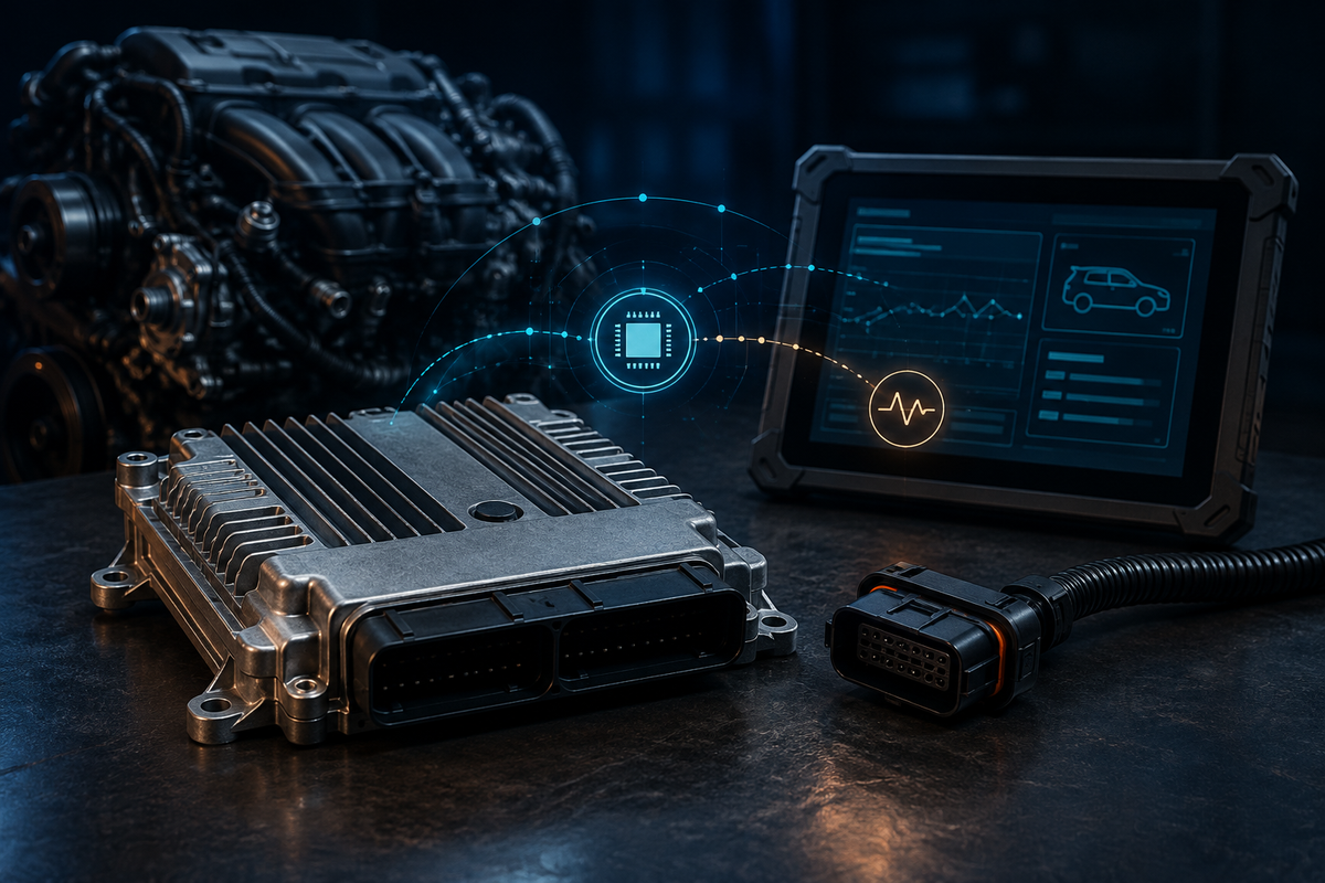 Ilustración conceptual de un ECM, su conector y una tableta de diagnóstico con un motor al fondo.