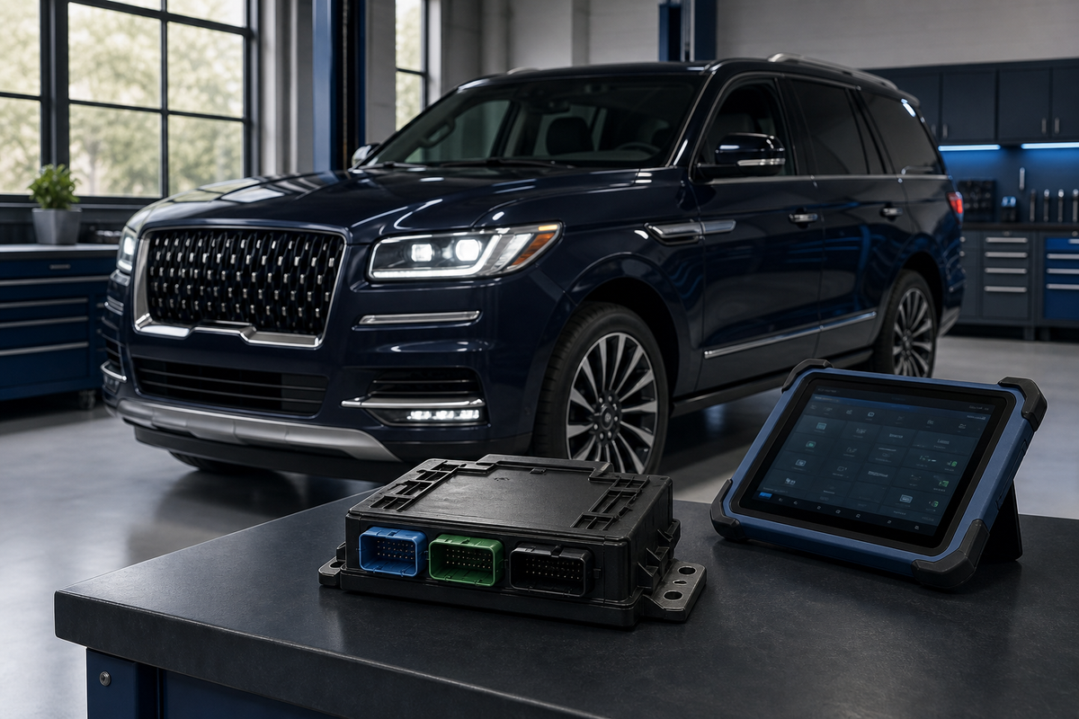 Ilustración de un SUV de lujo junto a un módulo BCM y una tablet de diagnóstico en un taller.