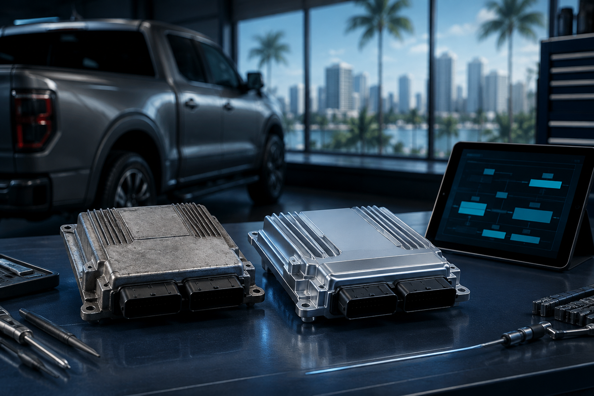 Ilustración conceptual de dos módulos PCM y una tableta de diagnóstico, con una camioneta y paisaje urbano de Miami al fondo.