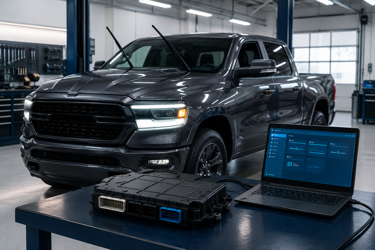 Ilustración de una pickup, un módulo BCM y una computadora de diagnóstico para revisar luces y limpiaparabrisas.
