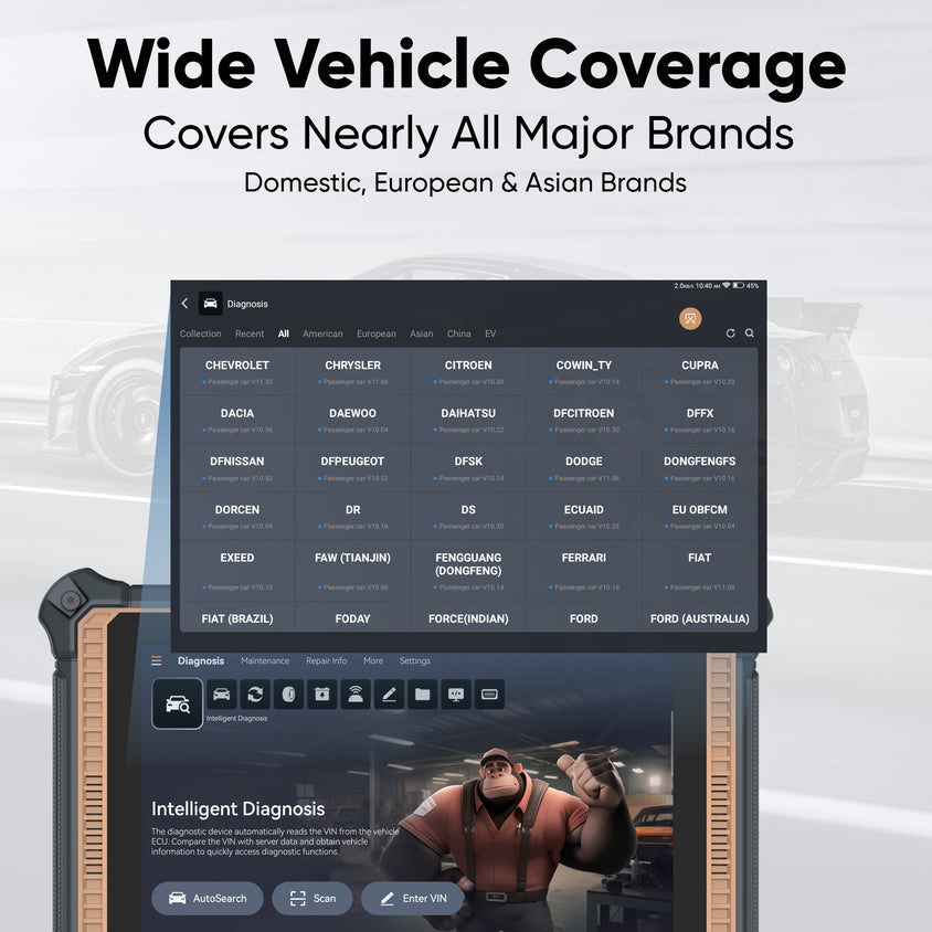THINKCAR Platinum 391 vehicle brand selection screen for domestic, European and Asian vehicles