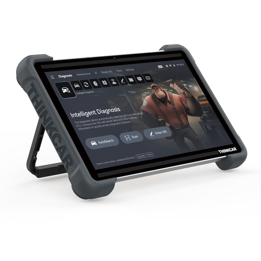 THINKCAR Platinum 394 12-inch diagnostic tablet, angled front view with folding stand