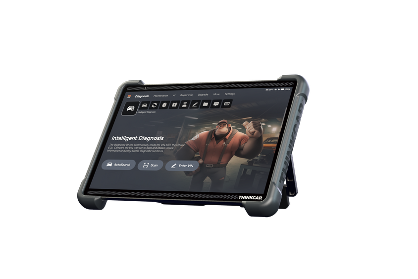 THINKCAR Platinum 399 14-inch diagnostic tablet in angled view with support stand
