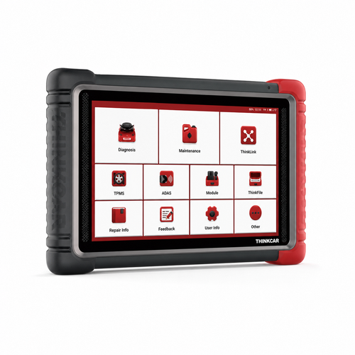 Tablet de diagnóstico automotriz THINKTOOL Expert 195, vista en perspectiva con carcasa negra y roja.